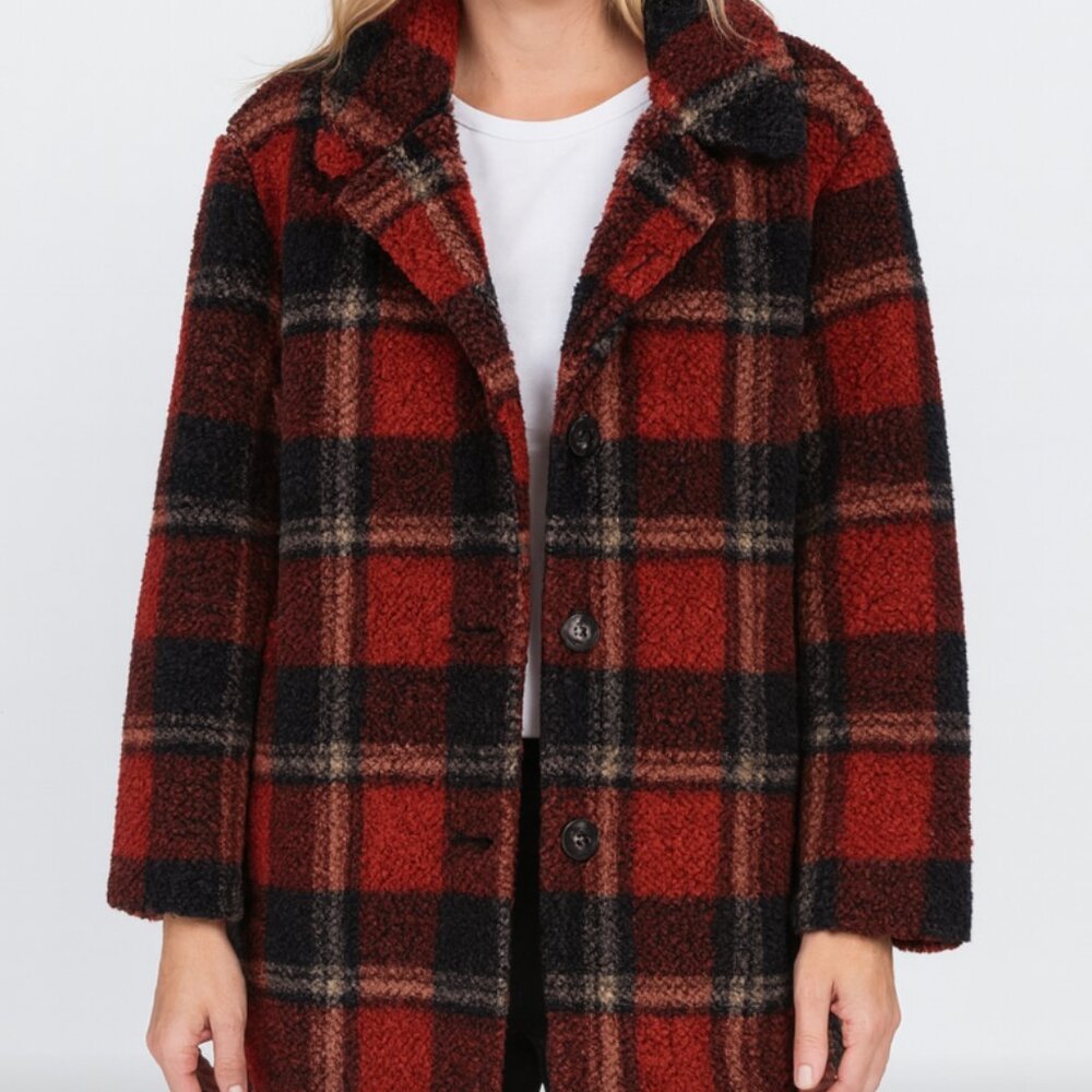 Love Tree Sherpa Jacket Medium Faux Sherpa Fleece Red Black Pockets Cabincore‎ M